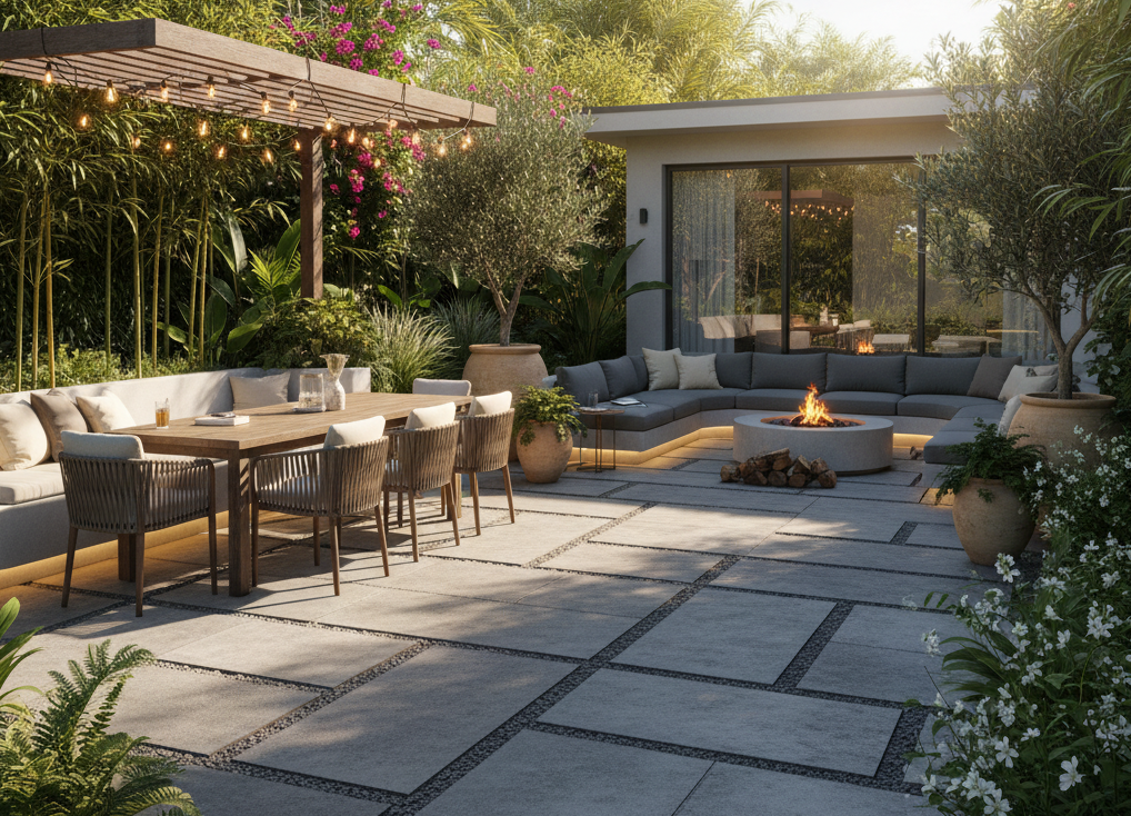 Beautifully designed backyard patio with modern seating and landscaping with Professional Patio Construction