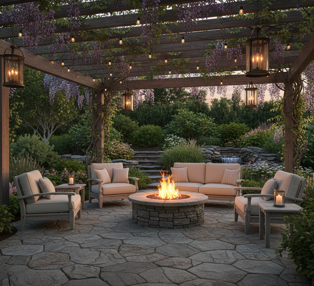 Beautifully designed patio with stone flooring, outdoor seating, and lush landscaping in Massachusetts backyard