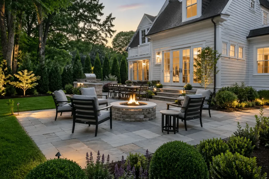 Massachusetts backyard patio design with stone pavers, fire pit, and outdoor seating