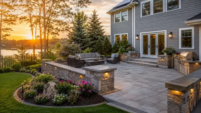 Beautiful newly built stone patio construction project in a Massachusetts backyard with outdoor seating and landscaping