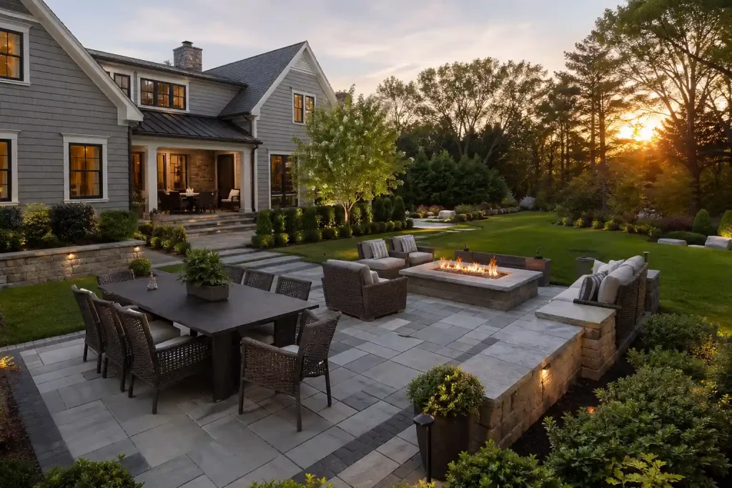 Custom stone backyard patio construction in Massachusetts featuring outdoor seating, landscaping, and modern hardscape design.