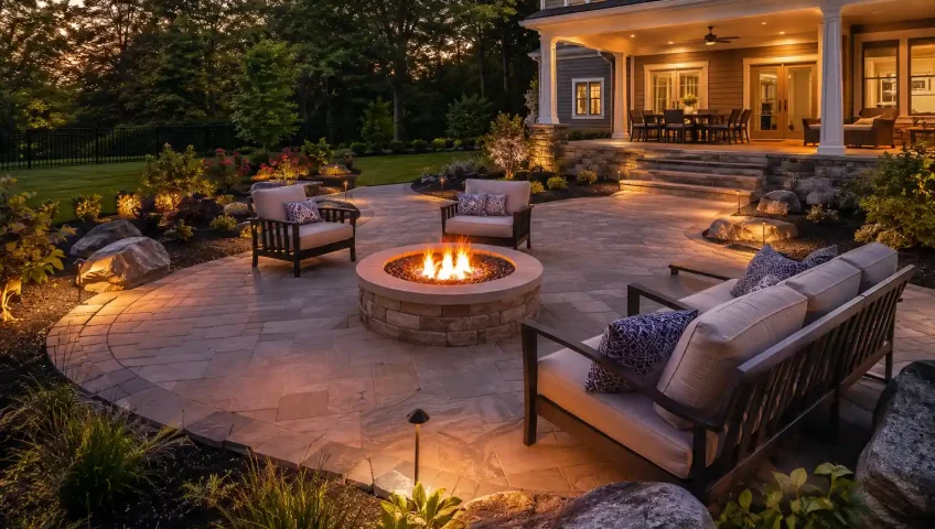 Custom stone patio construction in a Massachusetts backyard featuring pavers, outdoor seating, and professionally landscaped surroundings