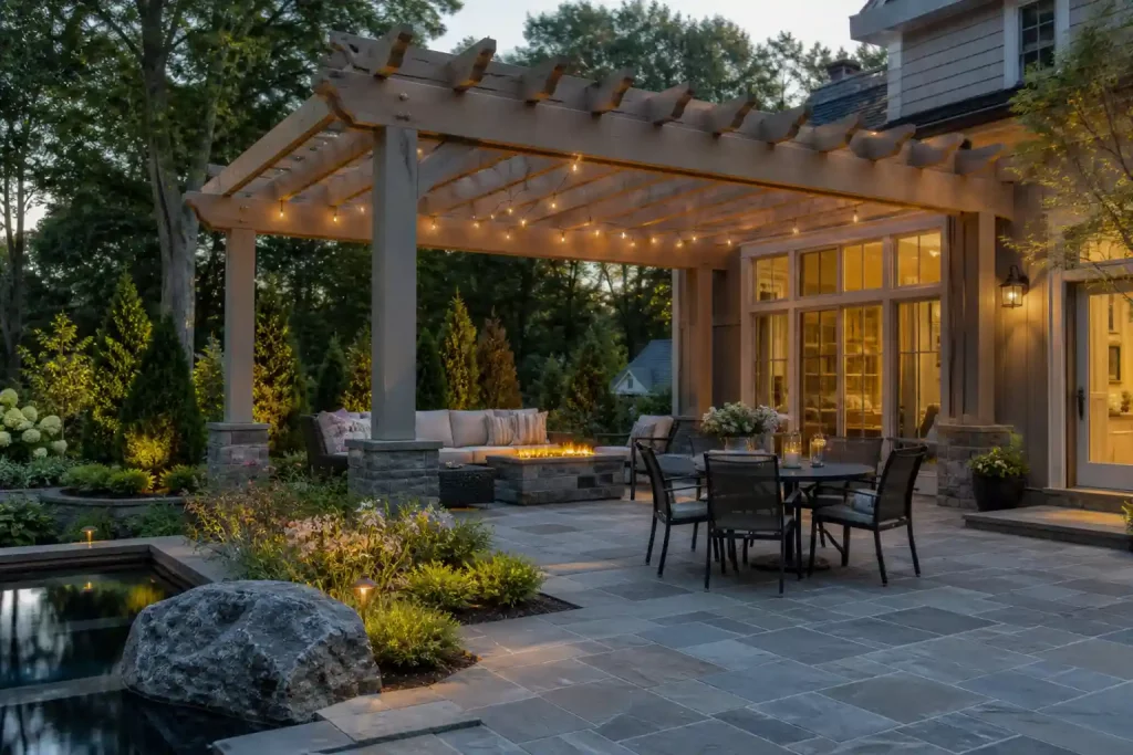 Massachusetts patio design ideas with natural stone patio construction, pergola, fire pit seating, and landscaped backyard