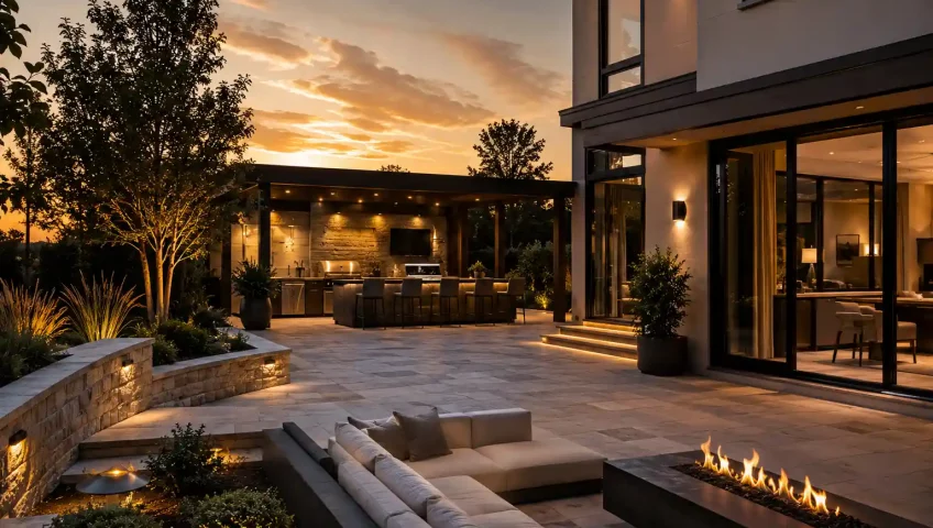Luxury modern patio design with elegant outdoor seating, custom lighting, stone patio construction, and contemporary landscaping around a high-end home