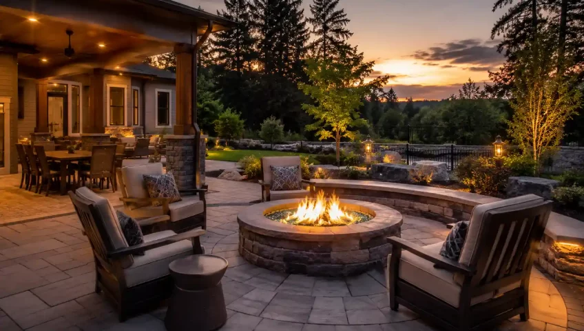 Modern backyard patio construction featuring a stylish fire pit with comfortable outdoor seating during sunset