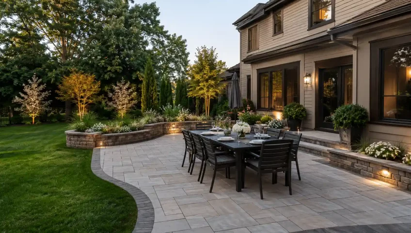 Modern backyard patio construction project showing paver installation, drainage planning, outdoor seating, and landscape integration