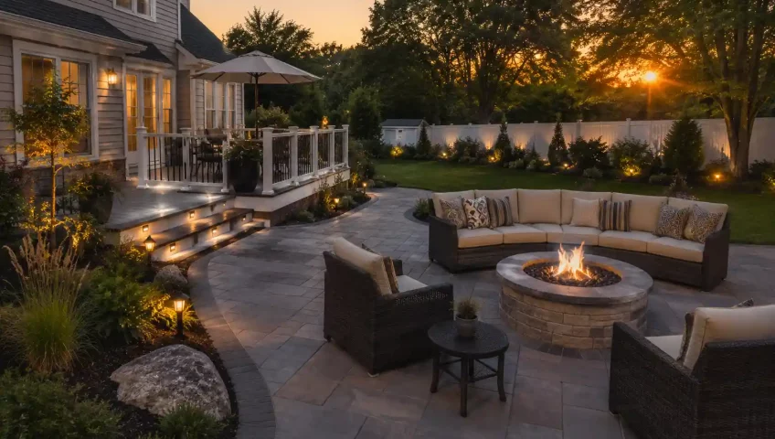 Modern backyard patio construction with outdoor seating, pavers, fire pit, and landscaping designed on a realistic homeowner budget