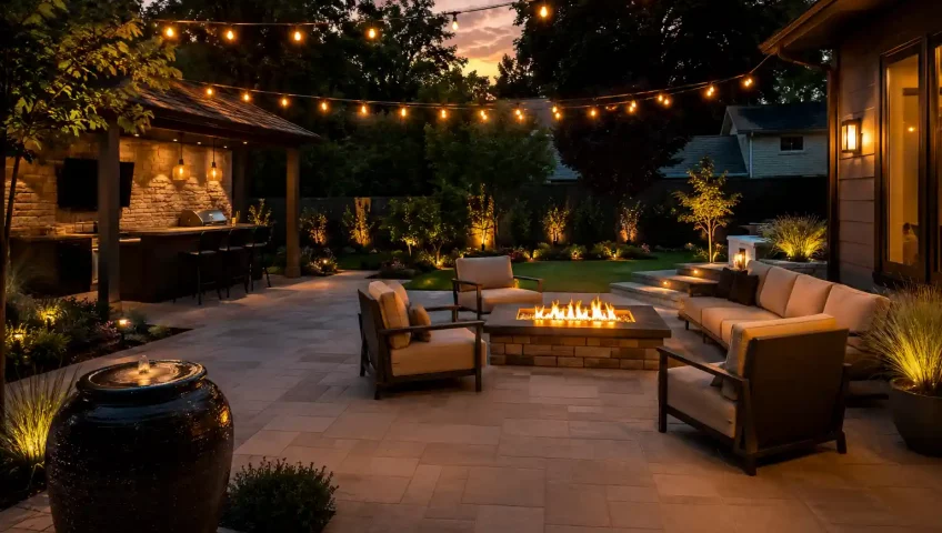 Modern backyard patio with warm string lights, pathway lighting, and cozy outdoor seating for evening outdoor living