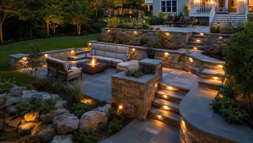 Modern natural stone patio construction on a sloped backyard with retaining walls, outdoor seating, landscaping, and elegant backyard lighting.