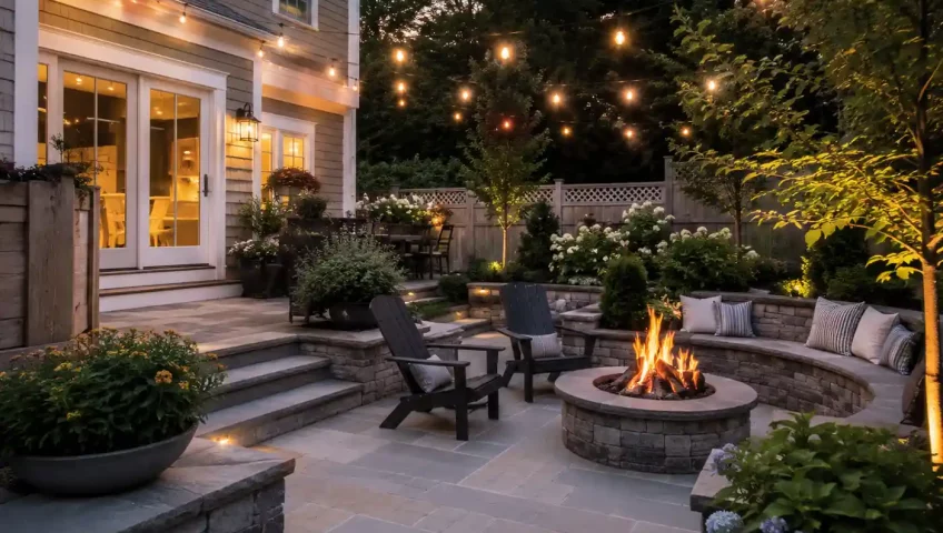 Modern small backyard patio with natural stone pavers, outdoor seating, landscape lighting, and cozy patio construction design for a Massachusetts home
