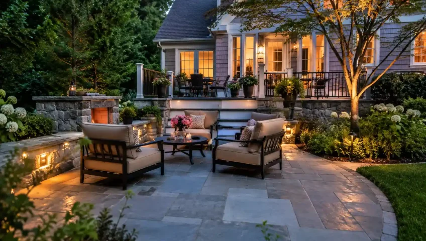 Natural bluestone patio installation in a Massachusetts backyard featuring elegant stone patterns, outdoor seating, and professional landscape design