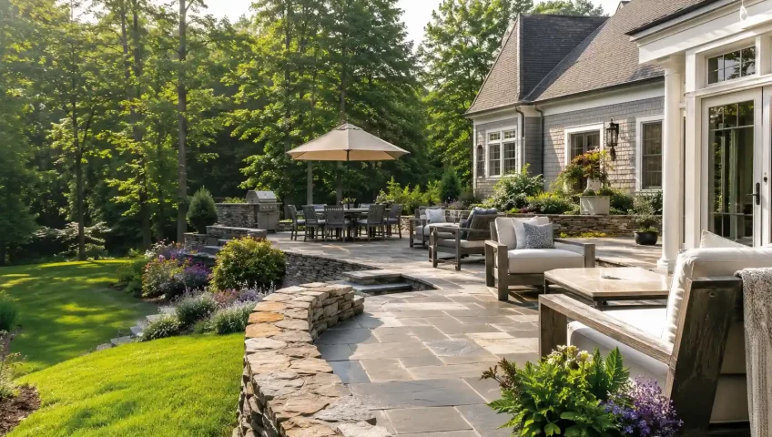 Natural stone and paver patio construction in Massachusetts featuring elegant backyard landscaping and outdoor living design