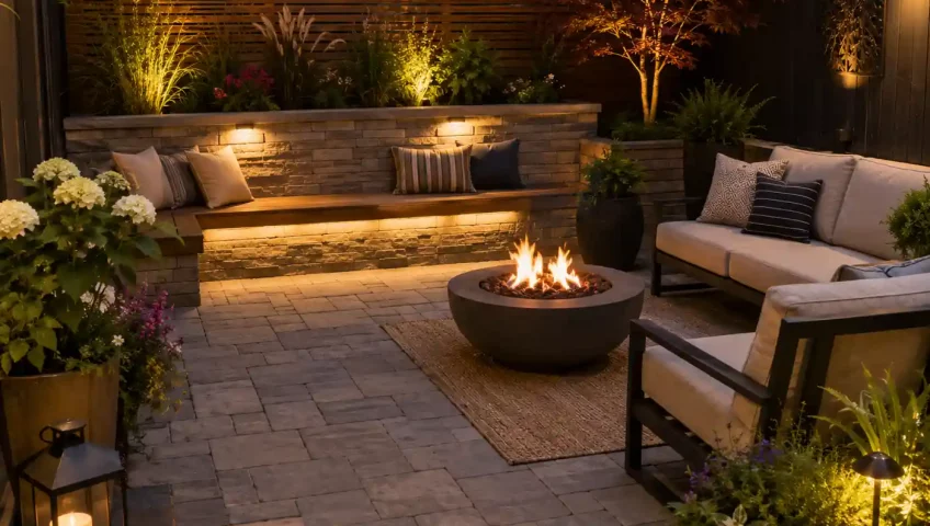 Small backyard patio construction featuring stone pavers, outdoor seating, landscape lighting, and decorative garden borders